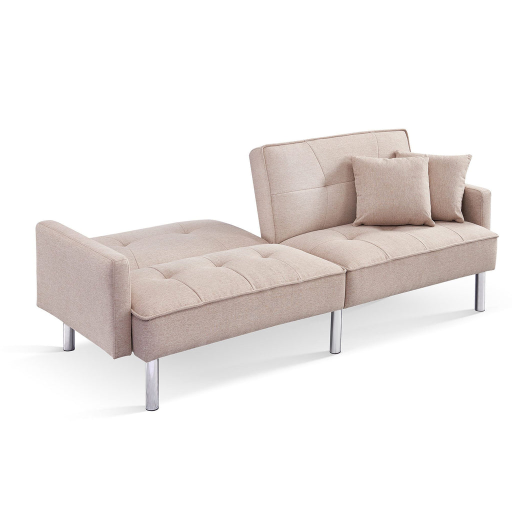Extra Long Tufted Beige Fabric Futon Adjustable Sofa Bed J212