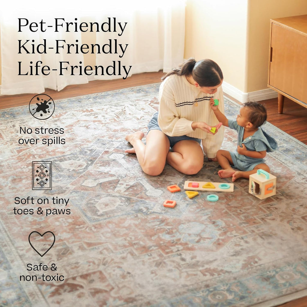 Washable Area Rug 8x10 - Non Slip Vintage Indoor Carpet for Living Room Bedroom Dining Room Kitchen F91173