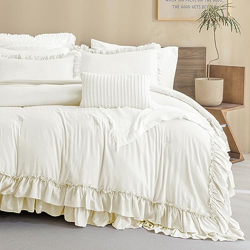 Ruffled Comforter Set Queen Size, 3 Pieces Taupe Boho Bedding G122