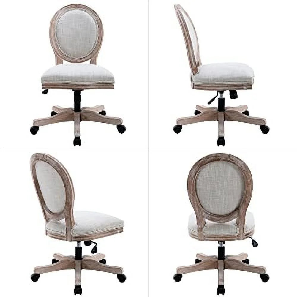 Linen Office Chair with Rattan Back, Adjustable Swivel Task Chair N169399