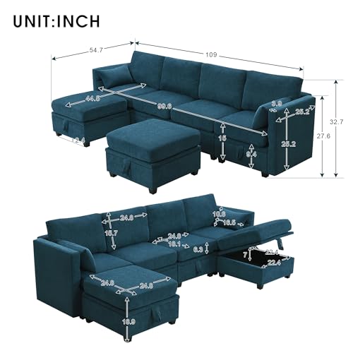 109" 6-Seat Chenille U-Shaped Sectional Sofa with Storage and Adjustable Armrests J436792