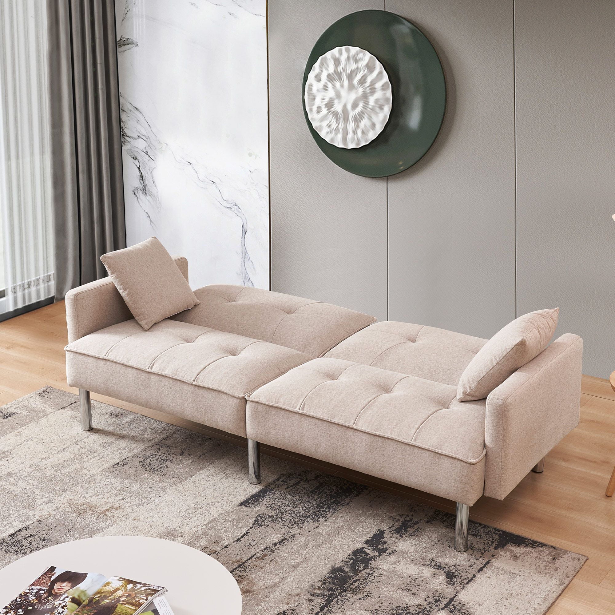 Extra Long Tufted Beige Fabric Futon Adjustable Sofa Bed J212