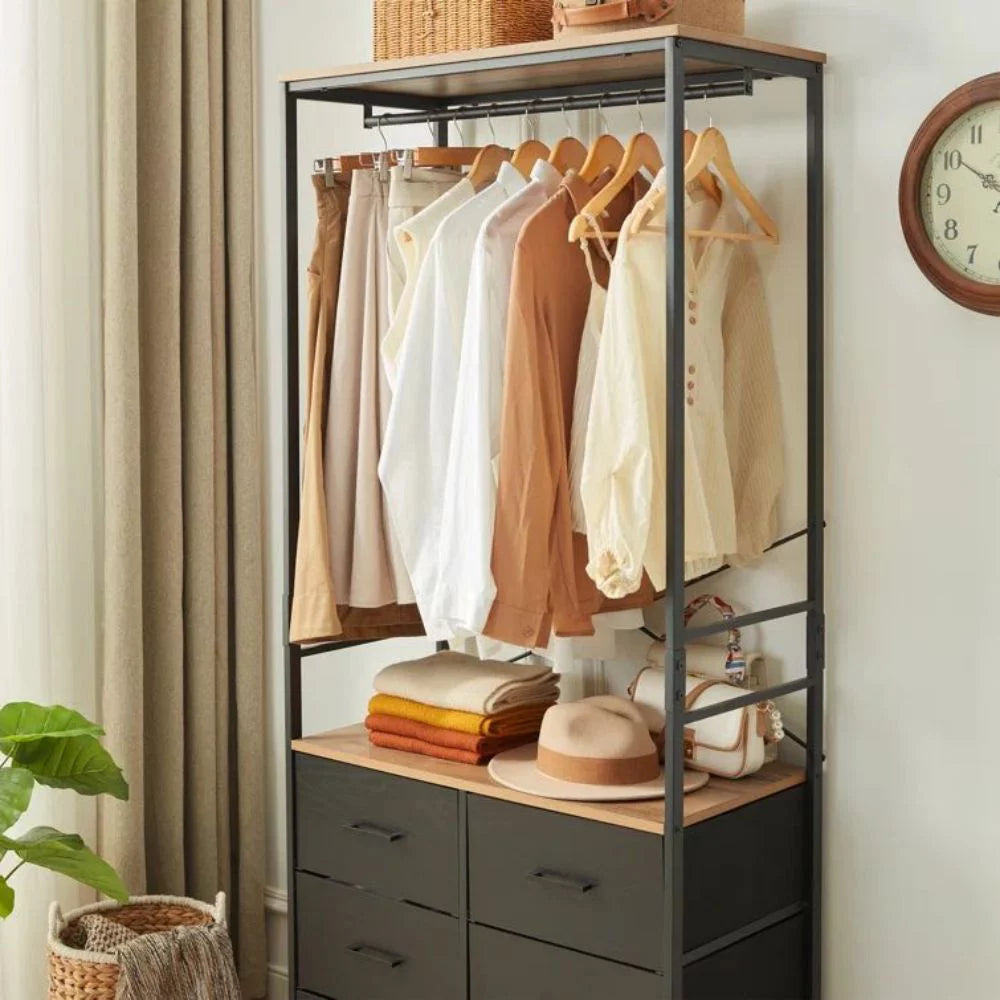 Freestanding Clothing Rack with Hanging Rod and 6 Drawer Wardrobe Cabinet I93824