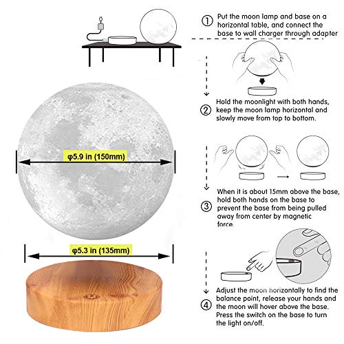 Levitating Moon Lamp, Floating and Spinning with 3D Printed LED Light, 3 Colors, Room Decor R1578