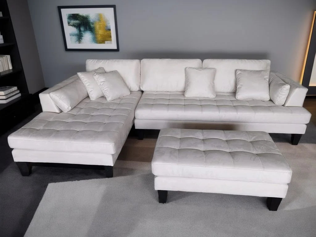 3pc L-Shape Cream Microfiber Sectional Sofa with Chaise Ottoman L3409