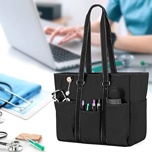 Nurse Tote Bag with Padded Laptop Sleeve and Multiple Pockets, Black Y904360