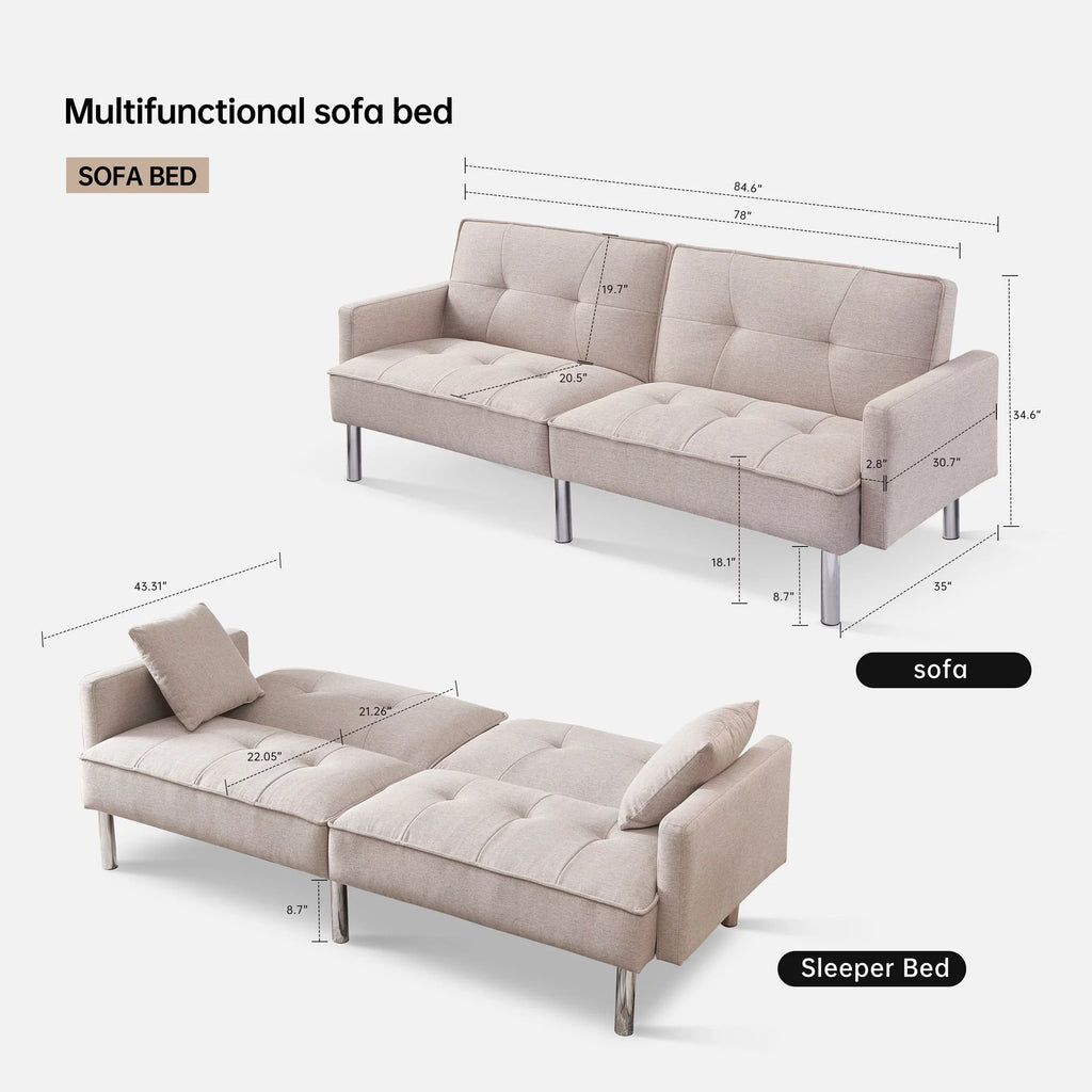 Extra Long Tufted Beige Fabric Futon Adjustable Sofa Bed J212