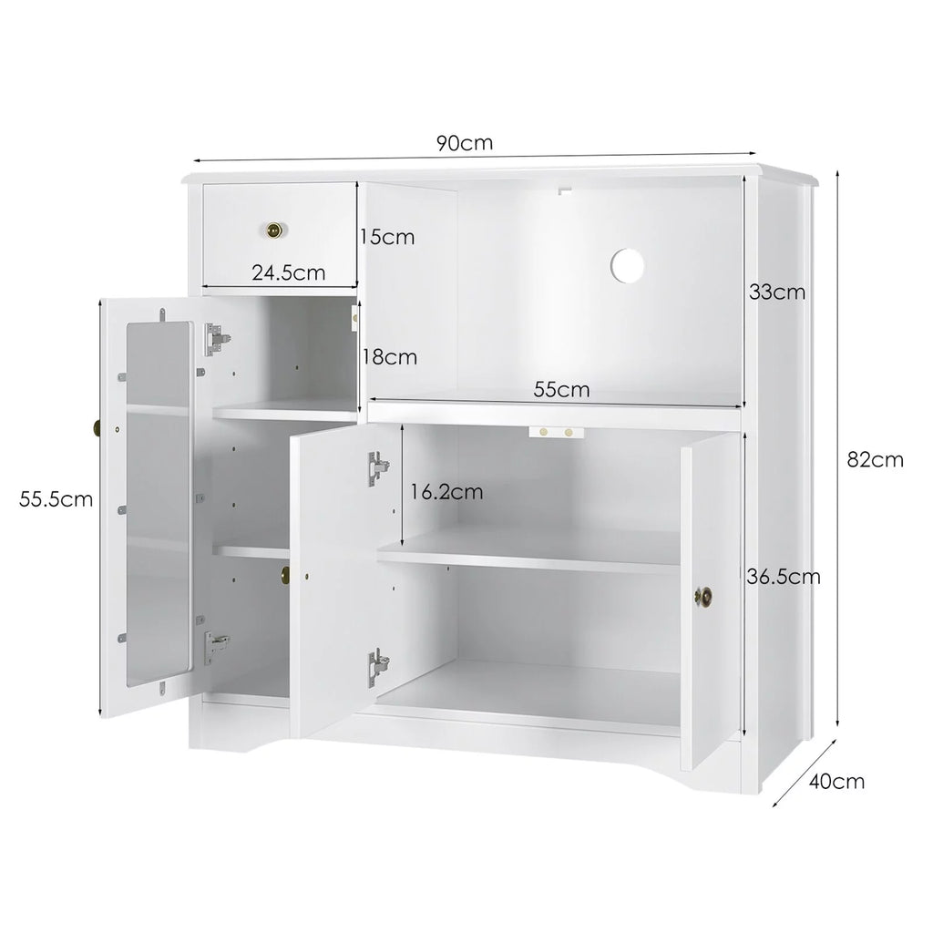 Microwave Cabinet with Hutch, Kitchen Pantry Sideboard with Adjustable Shelves and Drawer, White O10197