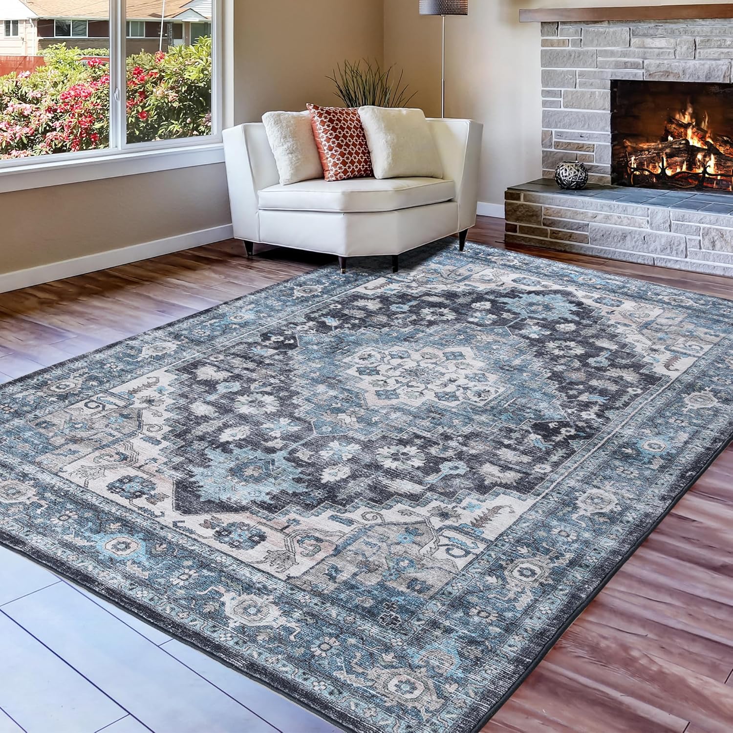 Vintage Blue 8x10 Non-Slip Washable Area Rug for Living Room J880404