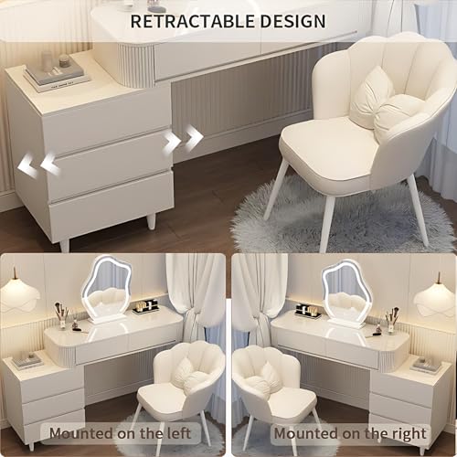 Vanity Table with Drawers and LED Makeup Mirror, Solid Wood, Round Mirror 40" Q26955