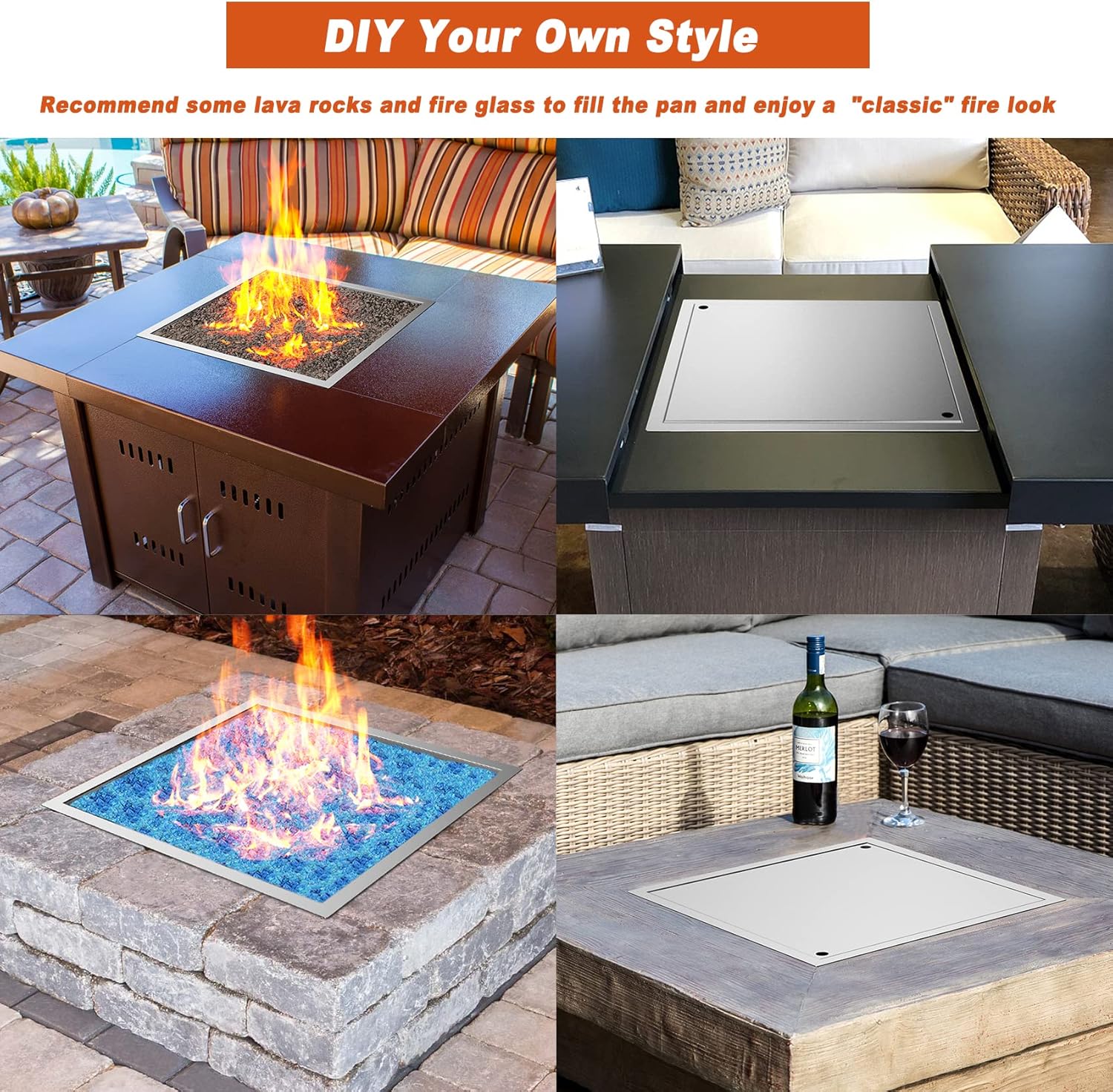 30" x 30" Square DIY Drop-in Firepit System with Stainless Steel Burner Pan, Ring and Cover P63593