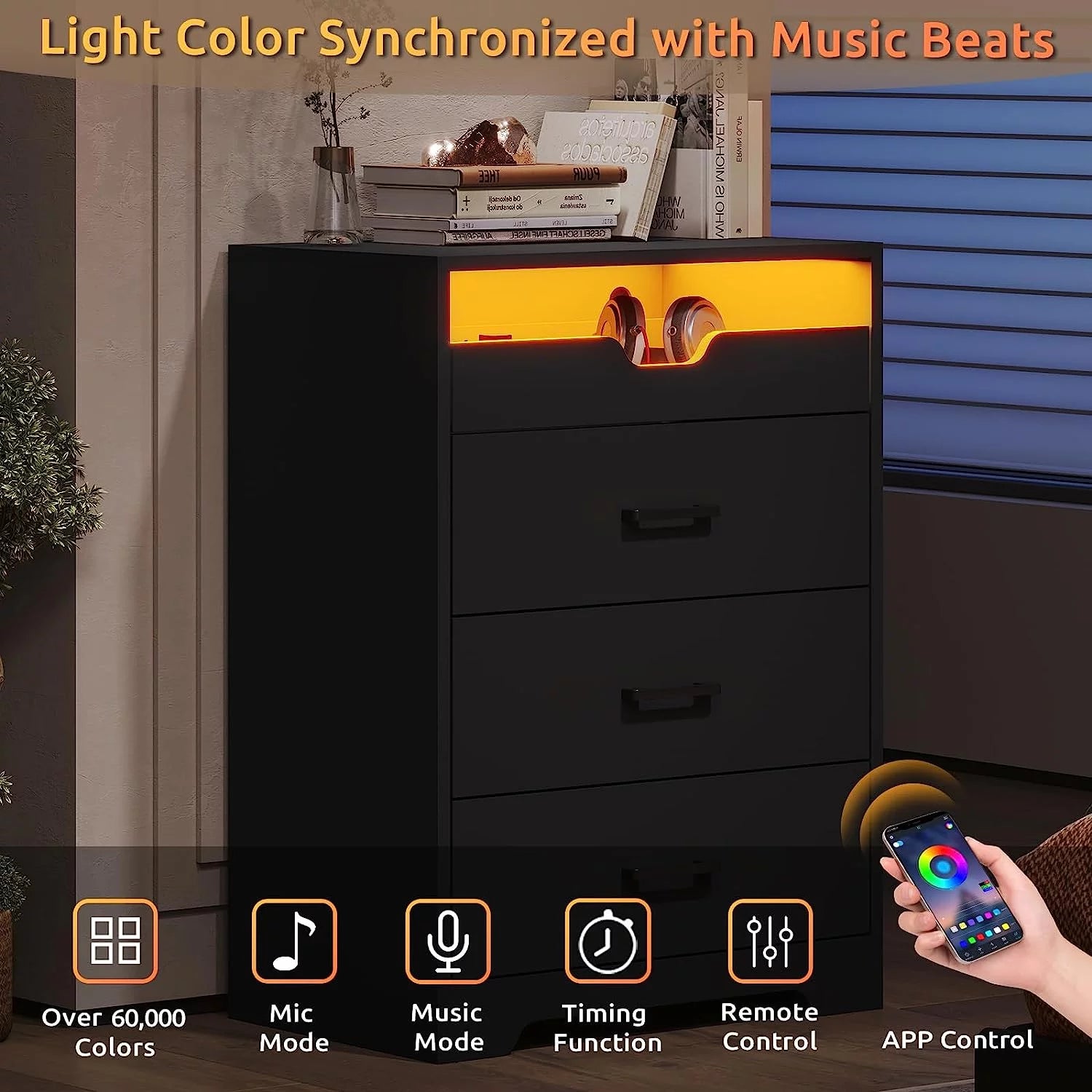 3 Drawers Dresser with LED Lights for Bedroom, Black P281