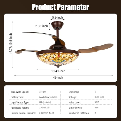 Tiffany Style 42 Inch Stained Glass Ceiling Fan with Light and Remote Control X80082