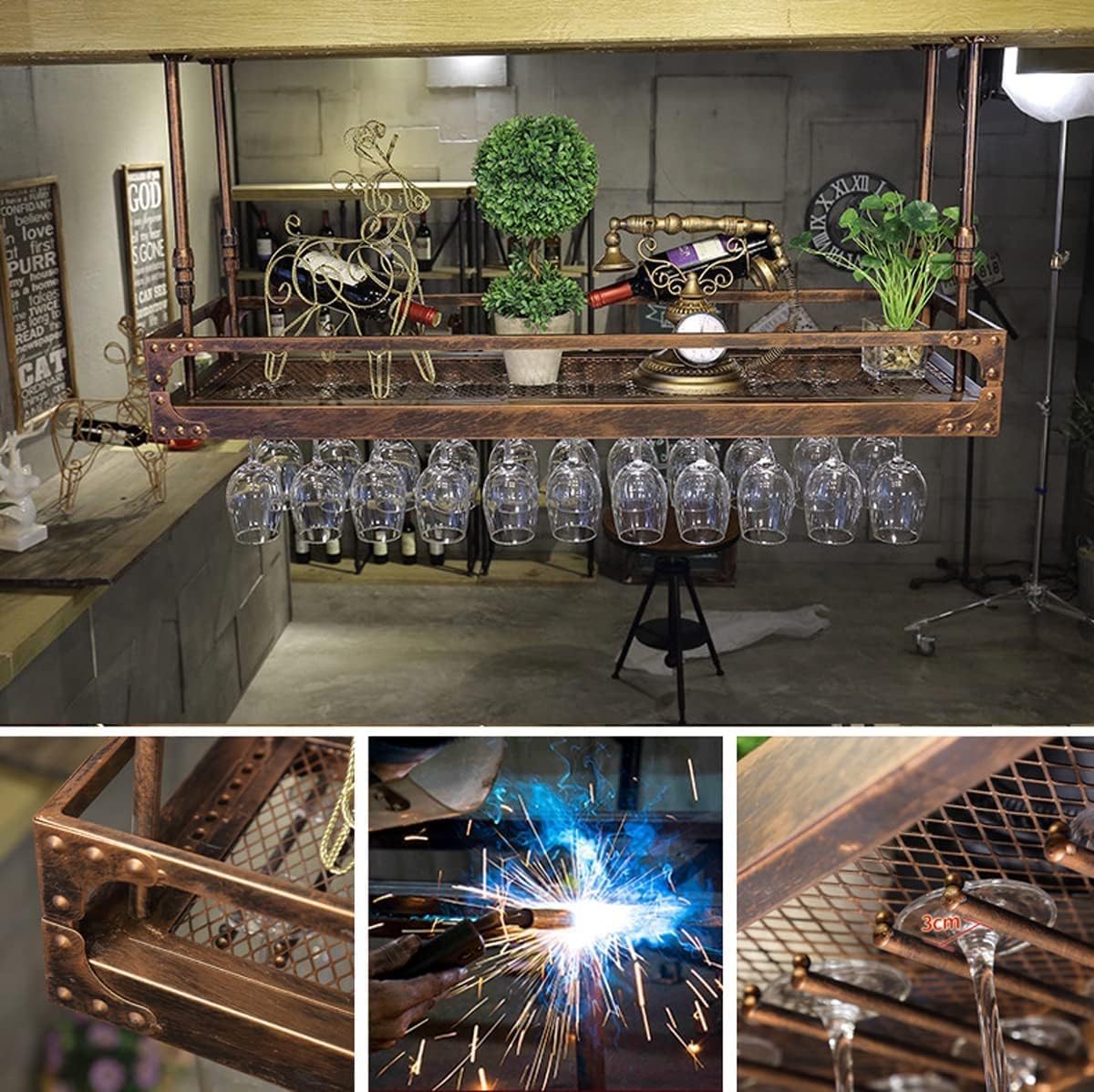 Wall-Mounted Wine Glass Rack, Industrial Vintage Metal, Bronze, 60x35cm L374