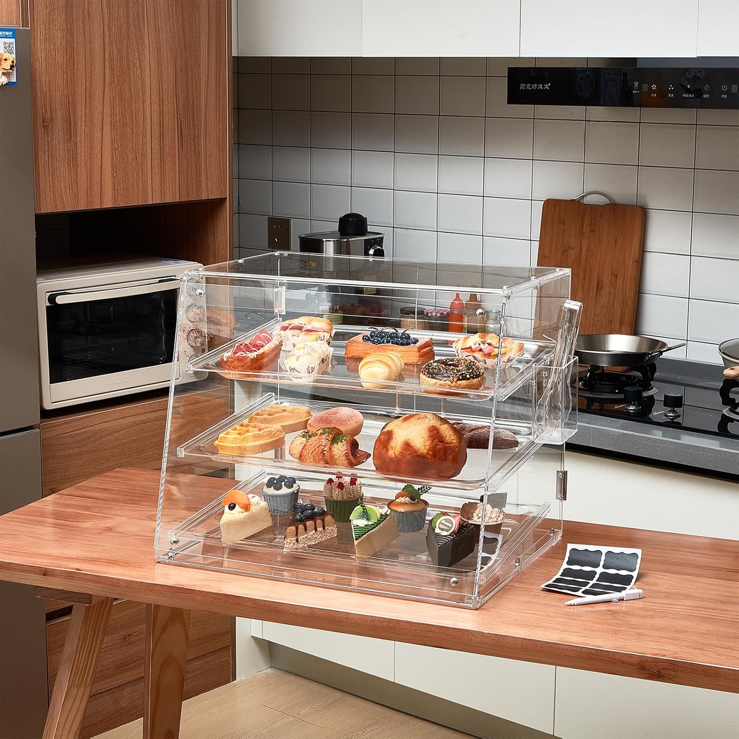 3 Tier Acrylic Bakery Display Case with Doors and Serving Tong E707