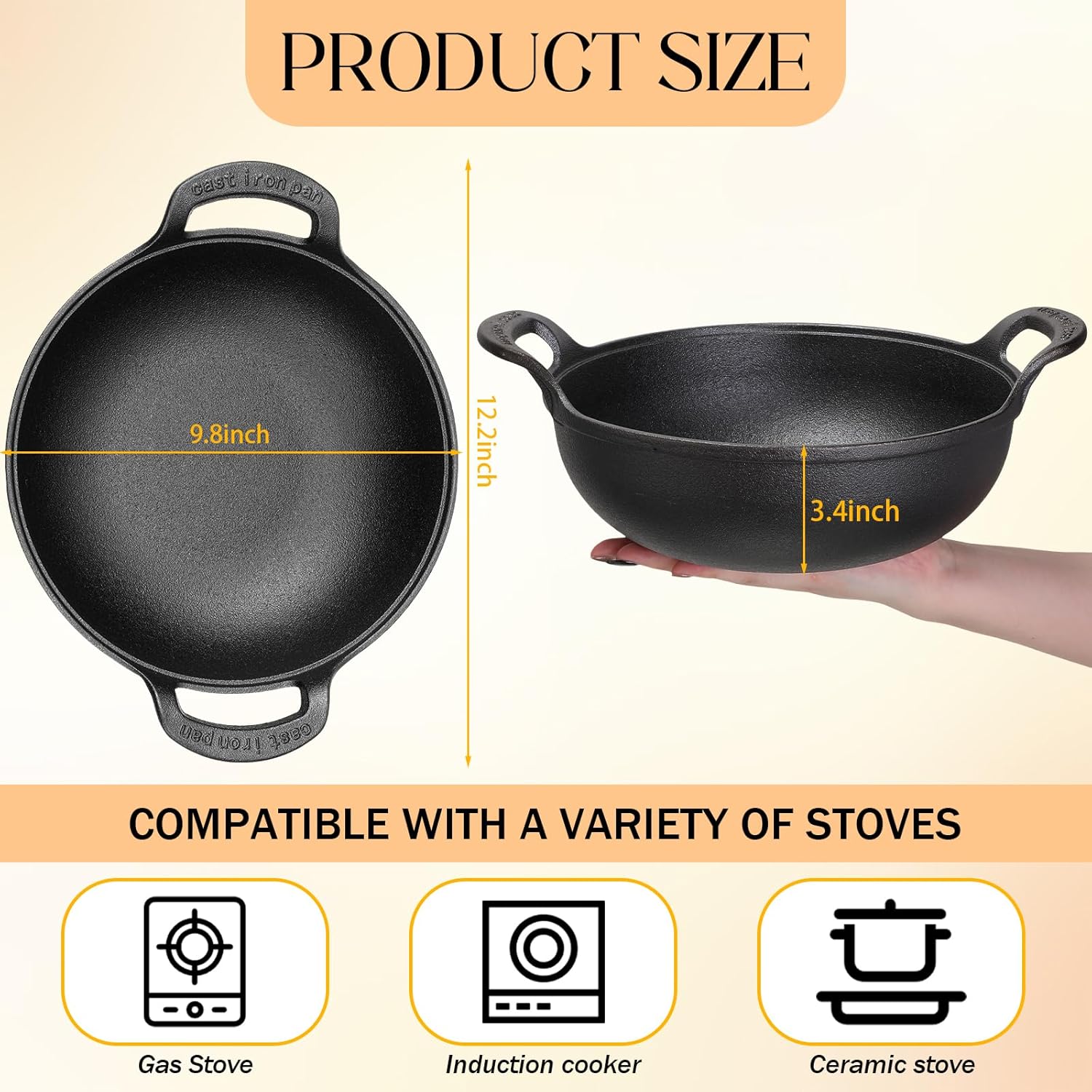 Cast Iron Wok with Loop Handle, 9.8 Inch Nonstick Flat Bottom Stir Fry Pan U7633