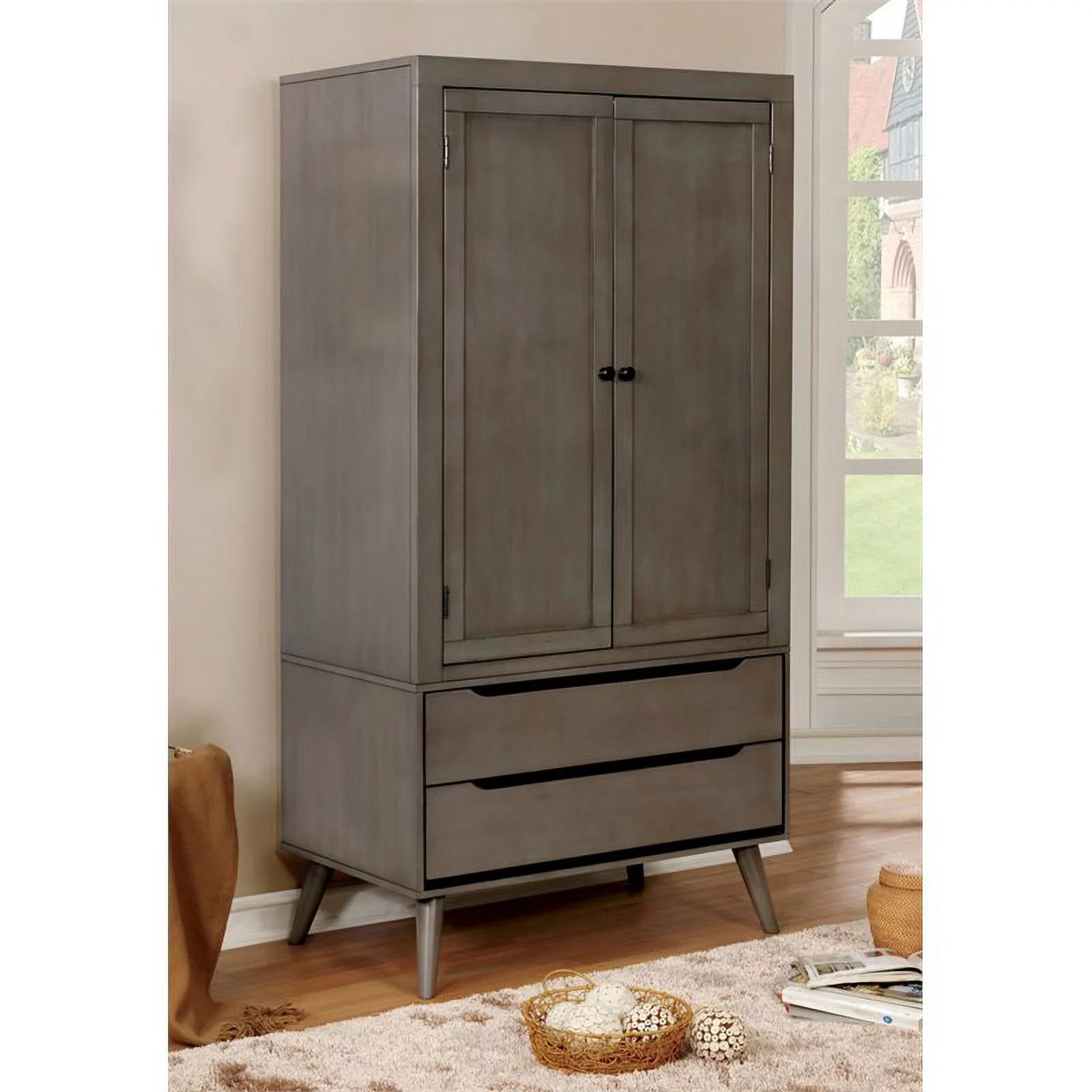 Mid-Century Modern Solid Wood Armoire in Gray S562