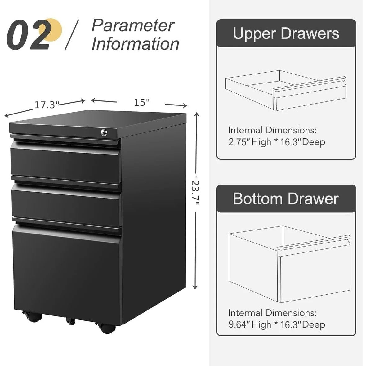 3 Drawer Metal File Cabinet with Lock Black U51511