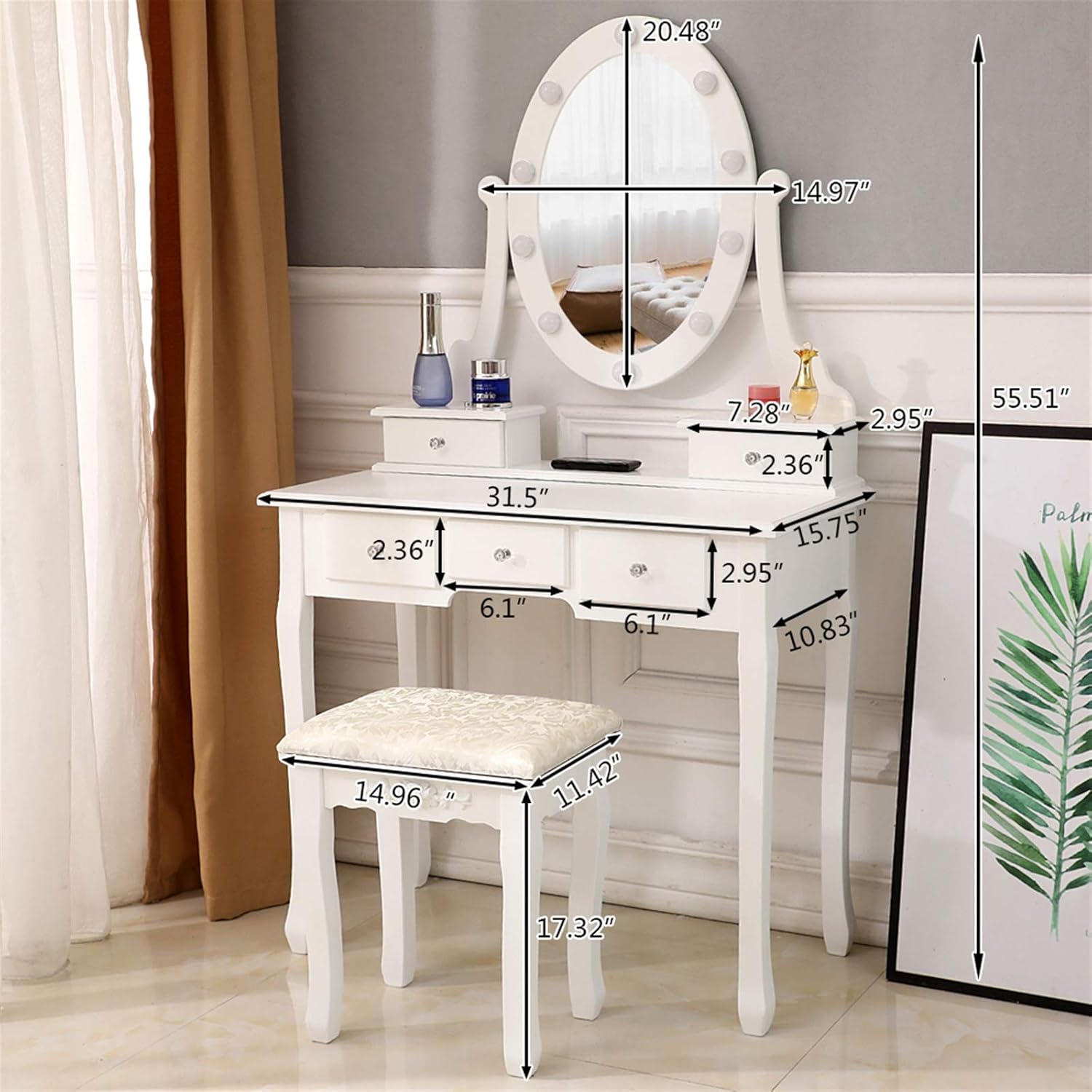 Lighted Makeup Vanity Set with Rotating Mirror and Stool X957
