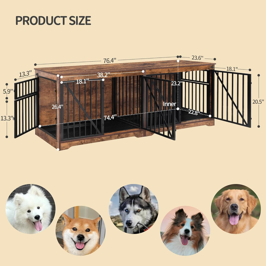 Large Dog Crate Furniture with Divider, Wood Kennel Indoor Side Table Q543944