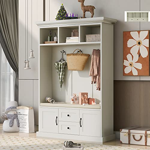 Hall Tree Coat Rack with 3 Hooks and Storage Bench, Beige N2567