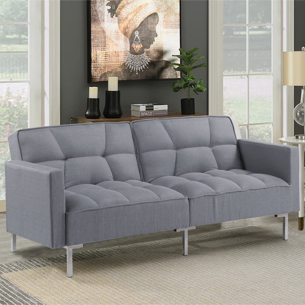 Gray Futon Sofa Bed with 2 Pillows and Metal Legs G114