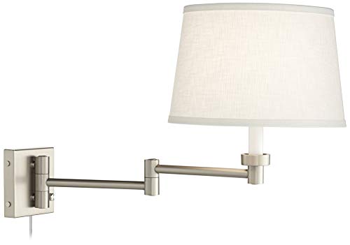 Swing Arm Wall Lamp Brushed Nickel Plug-in Dimmable White Linen Shade W8027