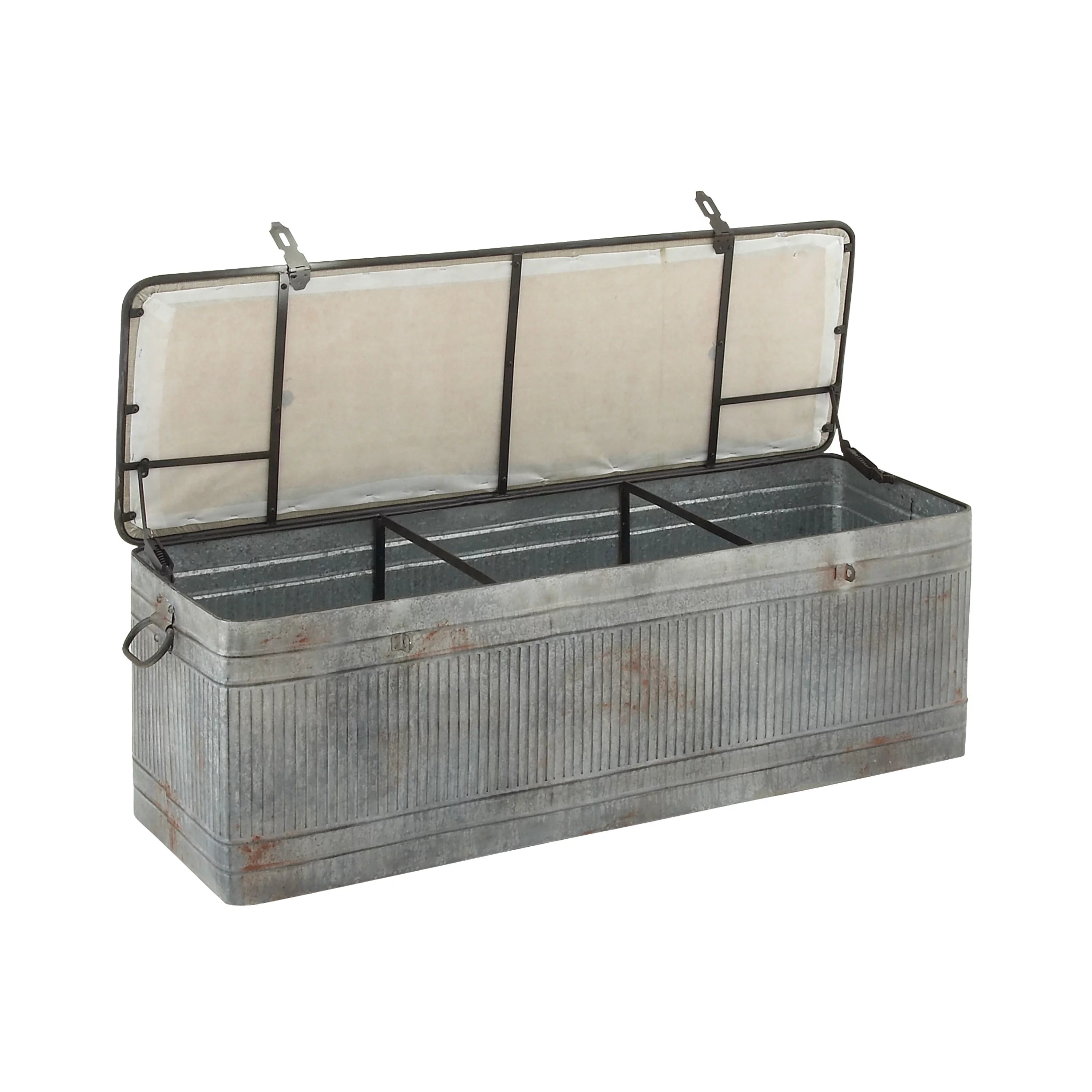 Metal Galvanized Storage Bench with Cream Burlap Top E438064