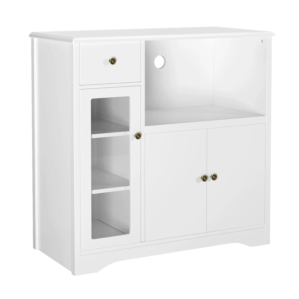 Microwave Cabinet with Hutch, Kitchen Pantry Sideboard with Adjustable Shelves and Drawer, White O10197