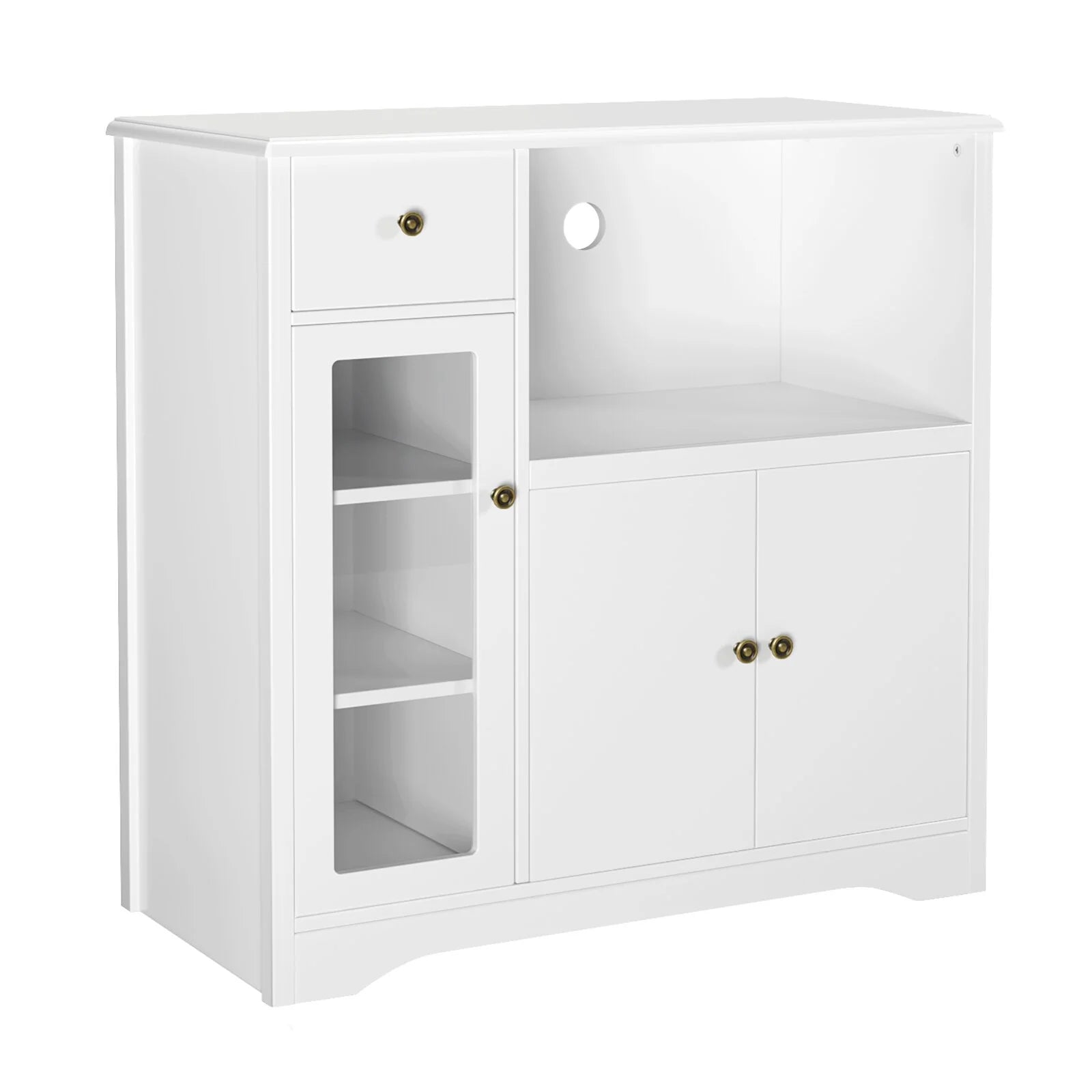 Microwave Cabinet with Hutch, Kitchen Pantry Sideboard with Adjustable Shelves and Drawer, White O10197