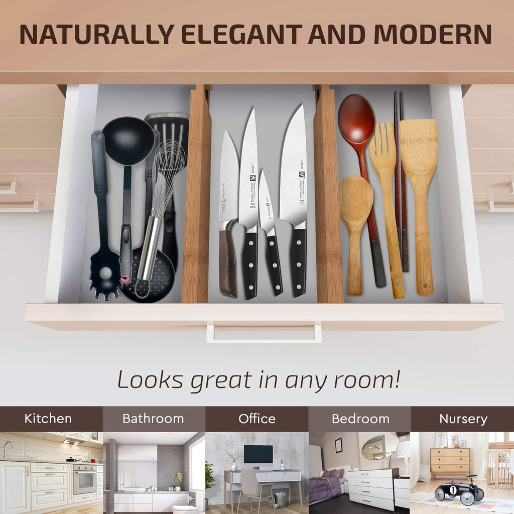 Adjustable Bamboo Drawer Divider Organizers for Large Drawers, Expandable 2-Pack E21431