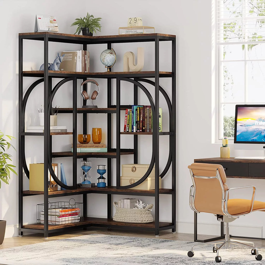 L Shaped Corner Bookshelf, 7 Shelf Bookcase, Rustic Brown & Black H2582