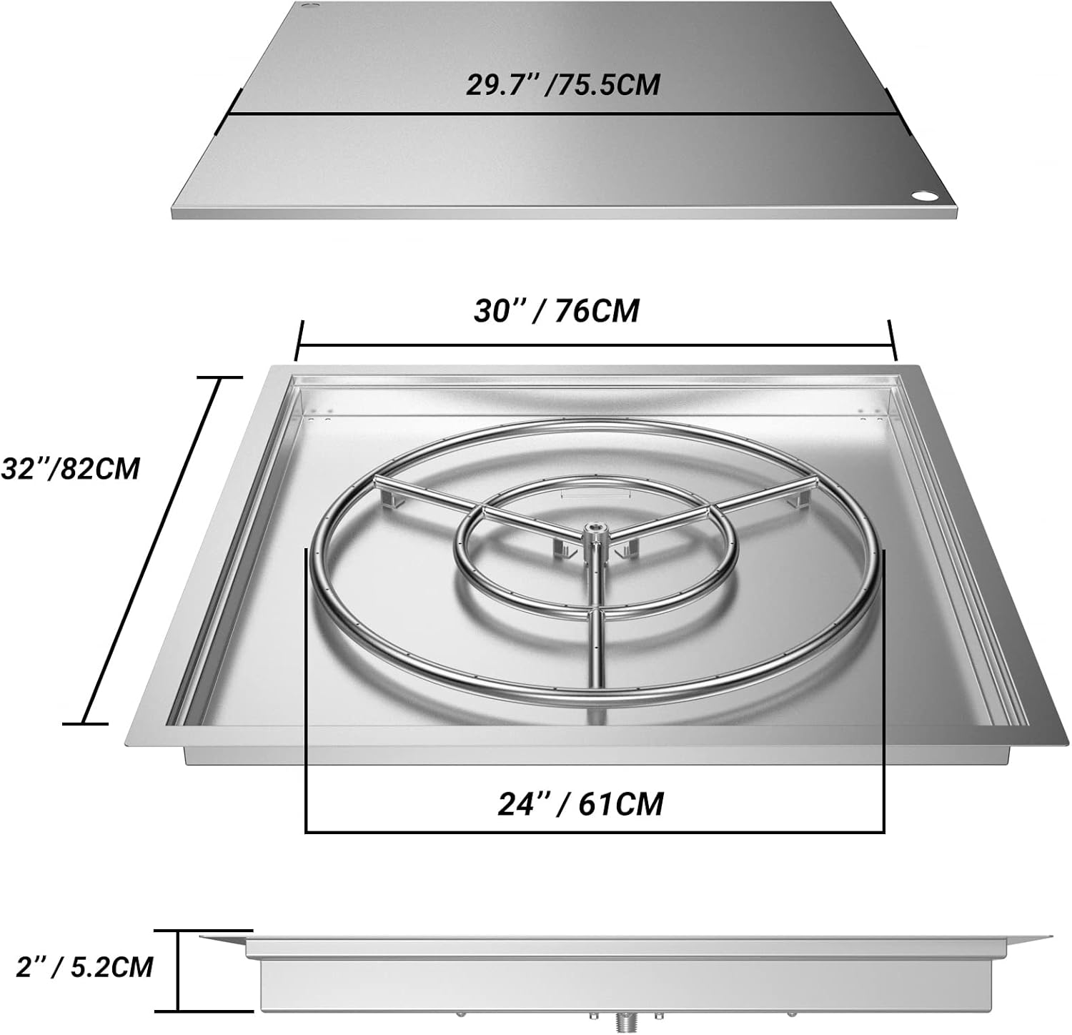 30" x 30" Square DIY Drop-in Firepit System with Stainless Steel Burner Pan, Ring and Cover P63593