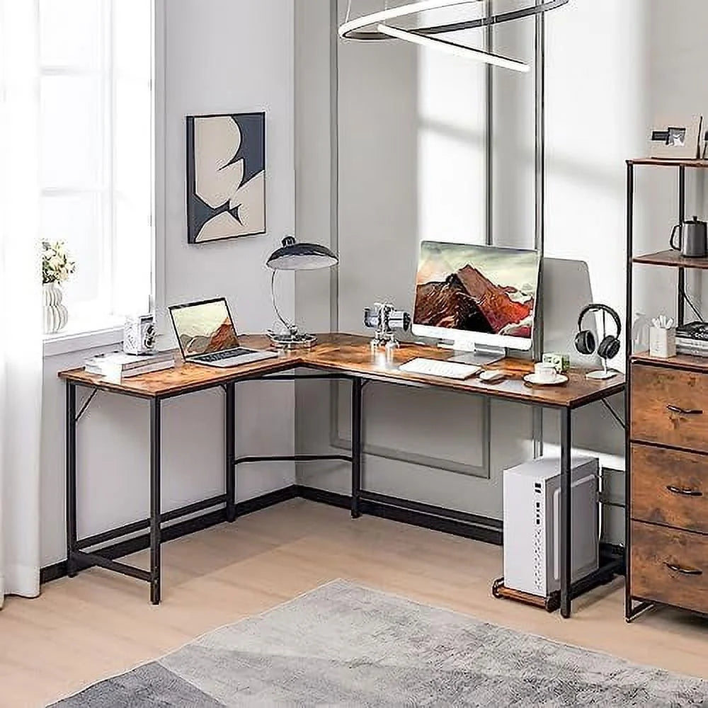 L-Shaped Desk with CPU Stand 66 Inch Wooden Corner Desk with Metal Frame S89739