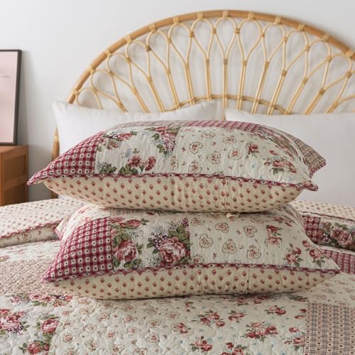 Cotswolds Patchwork Cotton Pieced Quilt Set, Queen Size with 2 Shams, Neutral Floral Cream Bedding A162361