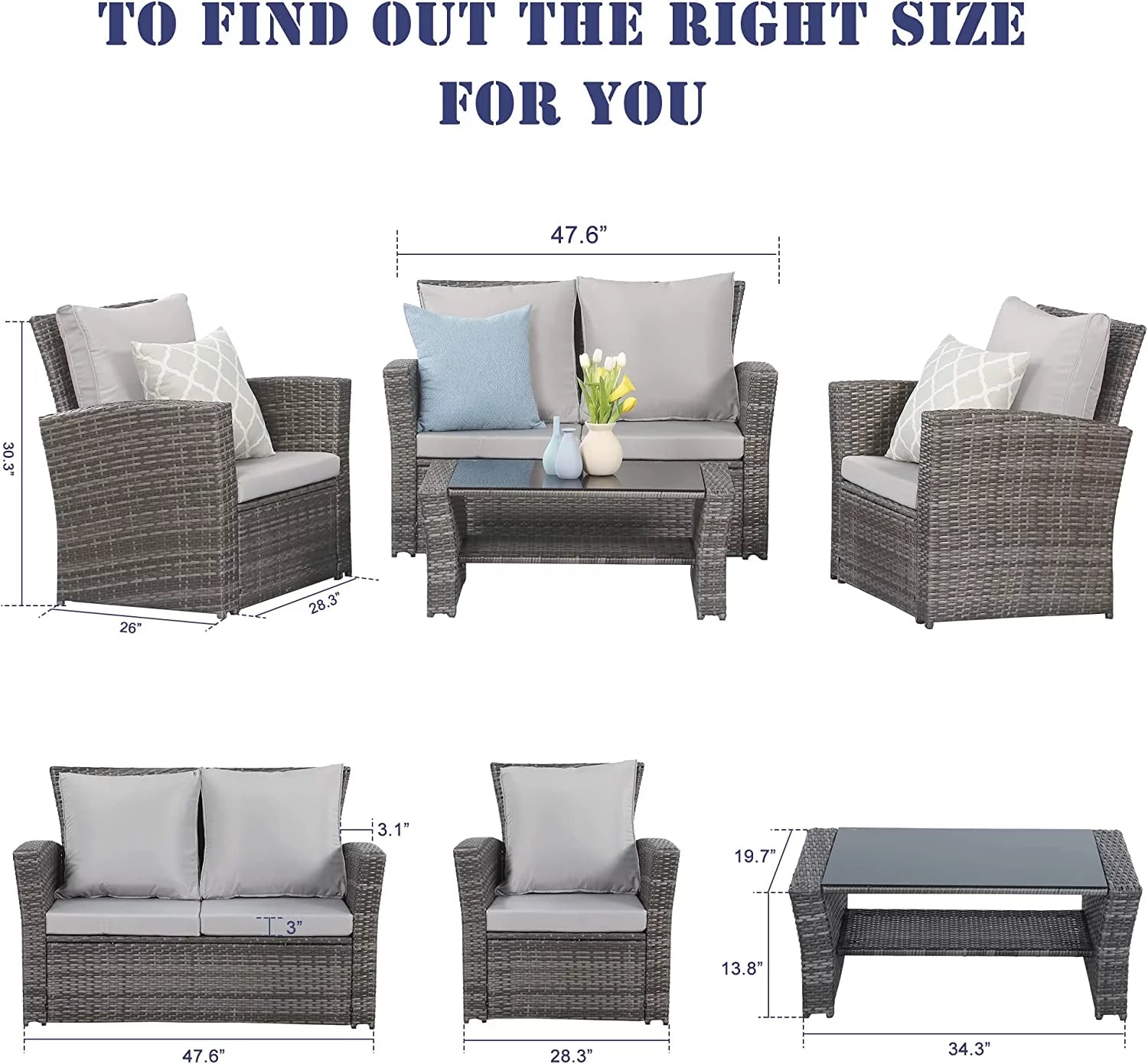4 Piece Outdoor Patio Furniture Set Wicker Conversation Set with Cushion W1753