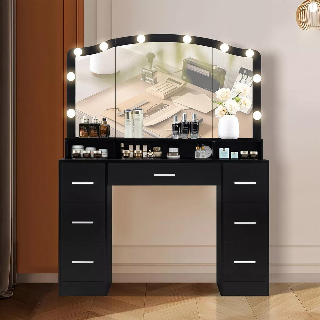 Black Vanity Desk with Lighted Mirror and 7 Drawers E874938