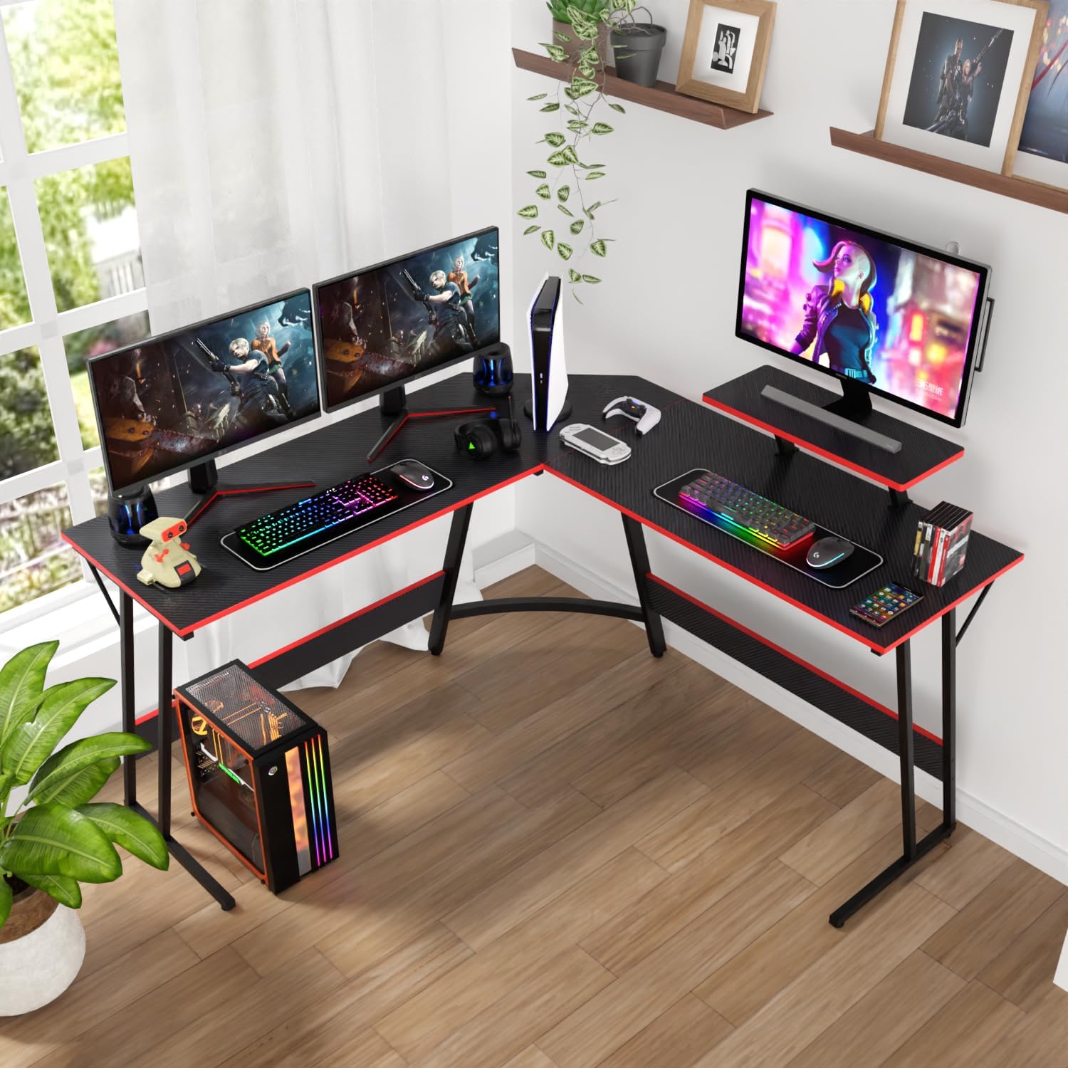 L Shaped Corner Desk with Monitor Stand and Foot Peg K623
