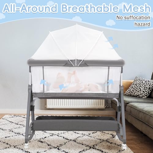 Bedside Bassinet for Baby, 3 in 1 Height Adjustable Sleeper with Wheels Q86913