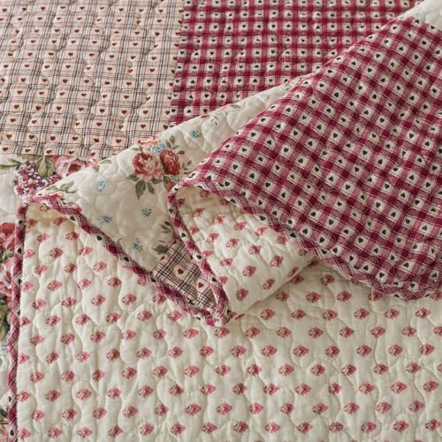 Cotswolds Patchwork Cotton Pieced Quilt Set, Queen Size with 2 Shams, Neutral Floral Cream Bedding A162361