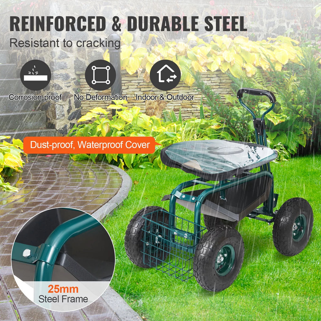 Garden Cart Rolling Workseat with 360 Degree Swivel Seat and Utility Tool Tray W501735