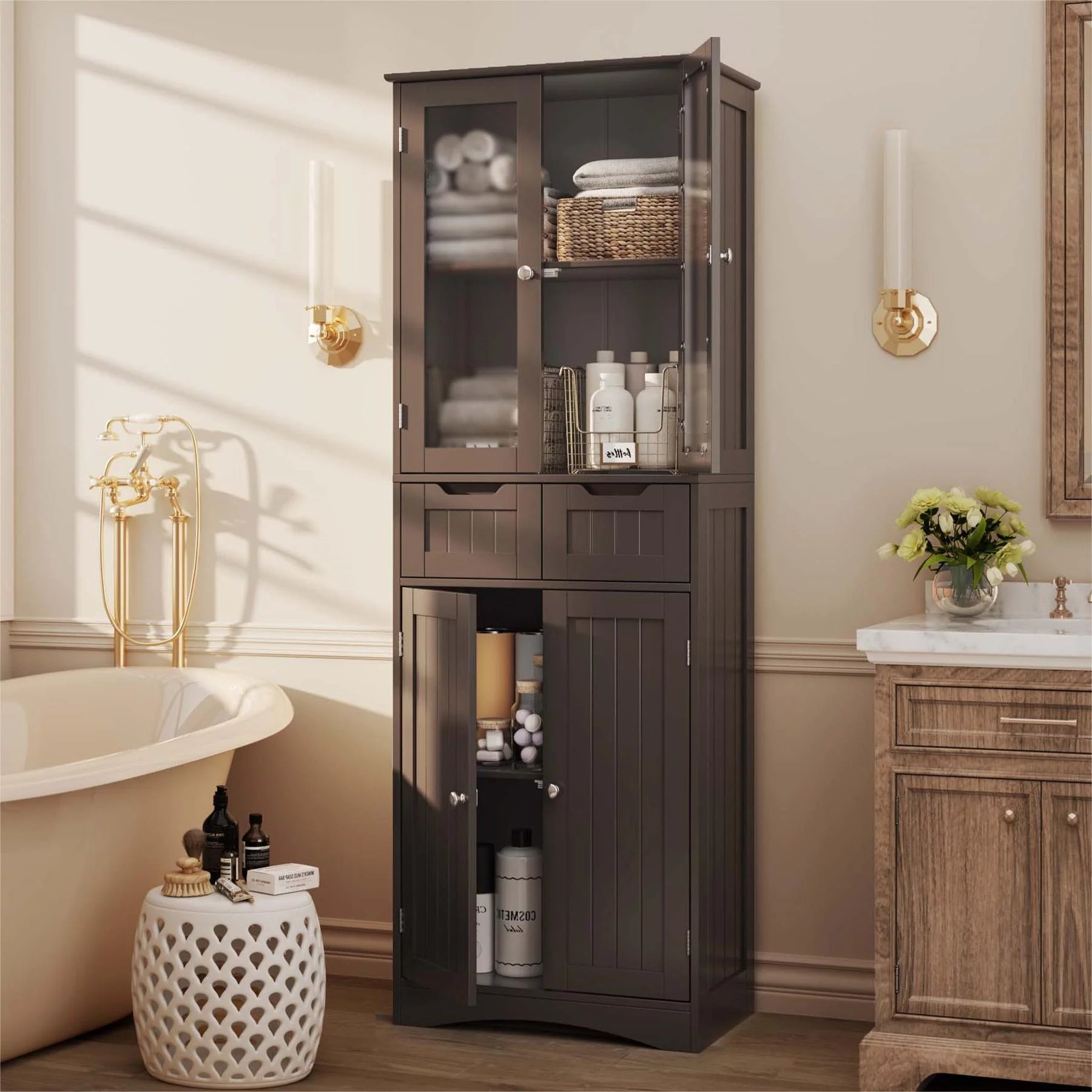 Tall Storage Cabinet with Glass Doors and 2 Drawers, Dark Brown V33192