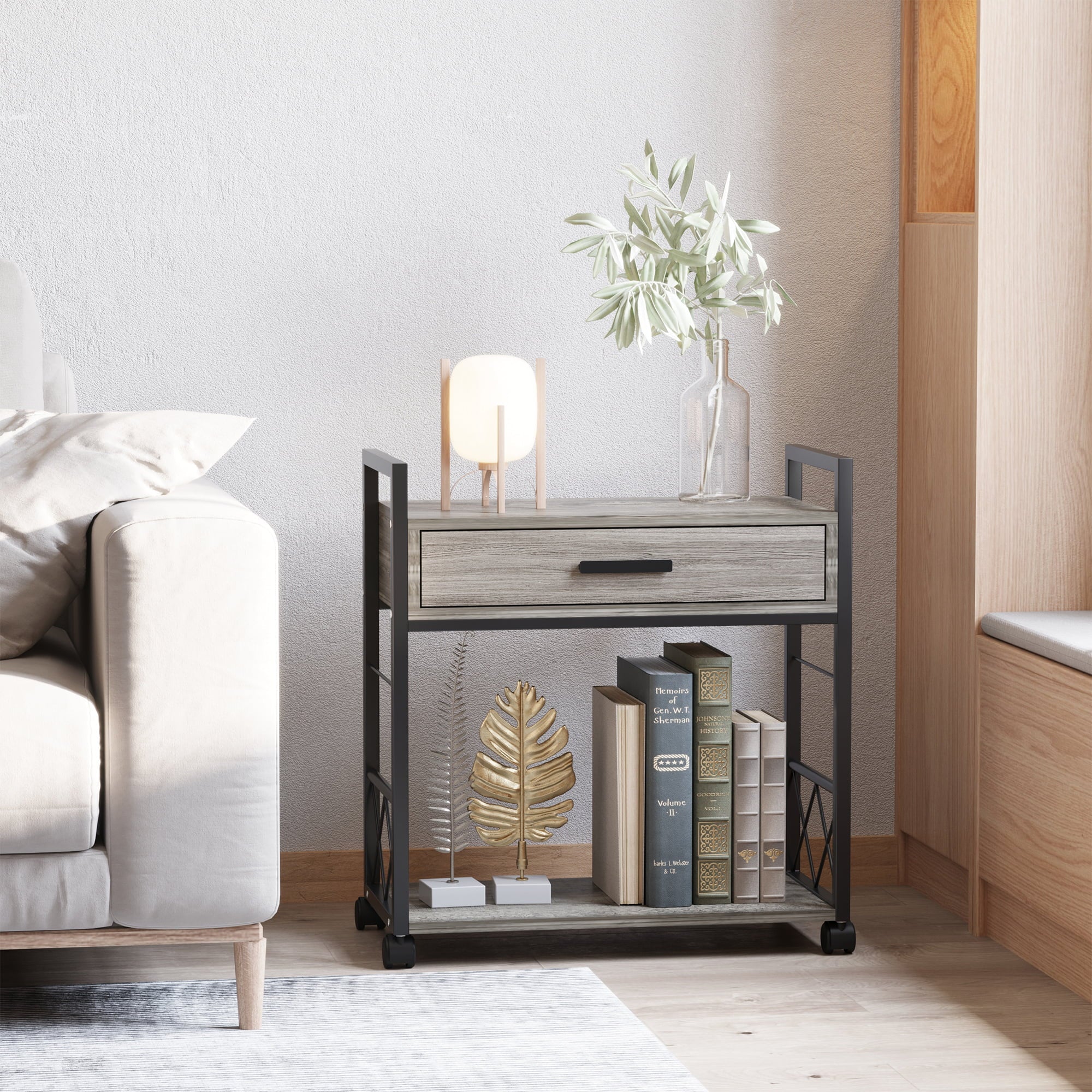 Industrial End Table with Drawer and Bottom Shelf, Mobile Side Table, Grey J804