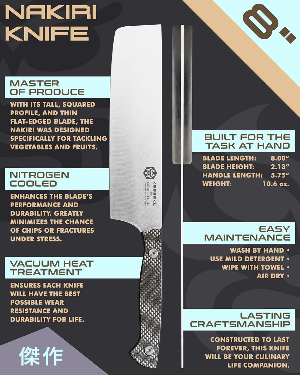 8-Inch Nakiri Vegetable Cleaver Knife with Carbon Fiber G10 Handle and Sheath Z59129
