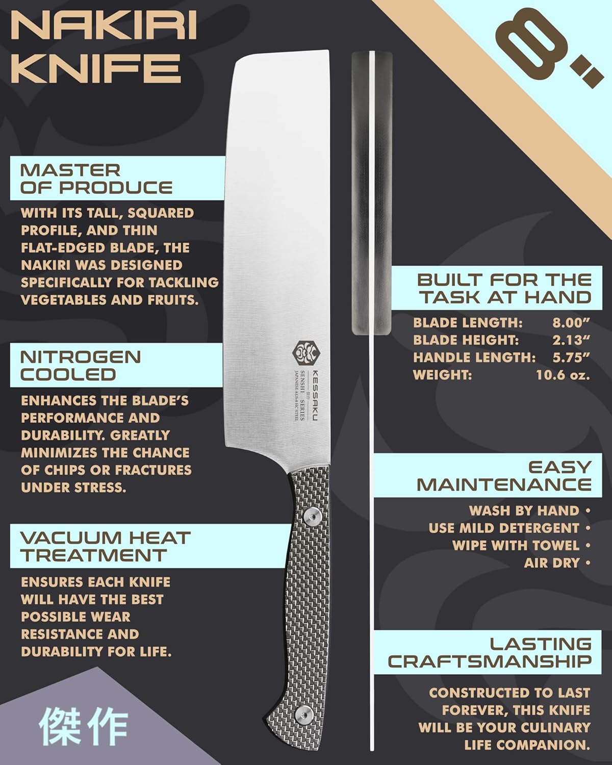 8-Inch Nakiri Vegetable Cleaver Knife with Carbon Fiber G10 Handle and Sheath Z59129