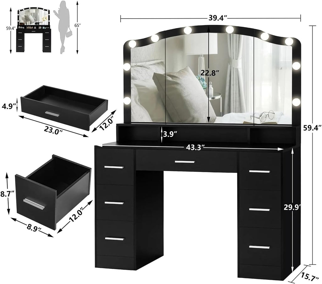 Black Vanity Desk with Lighted Mirror and 7 Drawers E874938