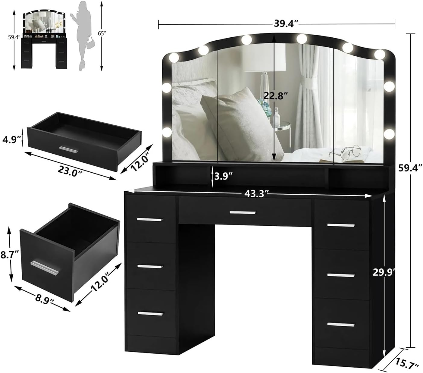 Black Vanity Desk with Lighted Mirror and 7 Drawers E874938