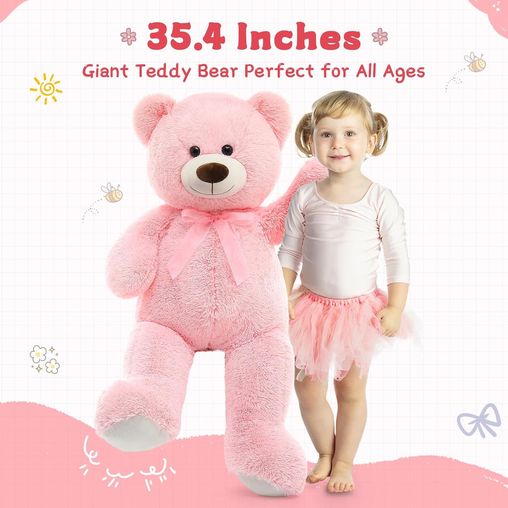 Giant Teddy Bear Stuffed Animal, 35.4 Inch Large Pink Plush Toy for Kids G743524