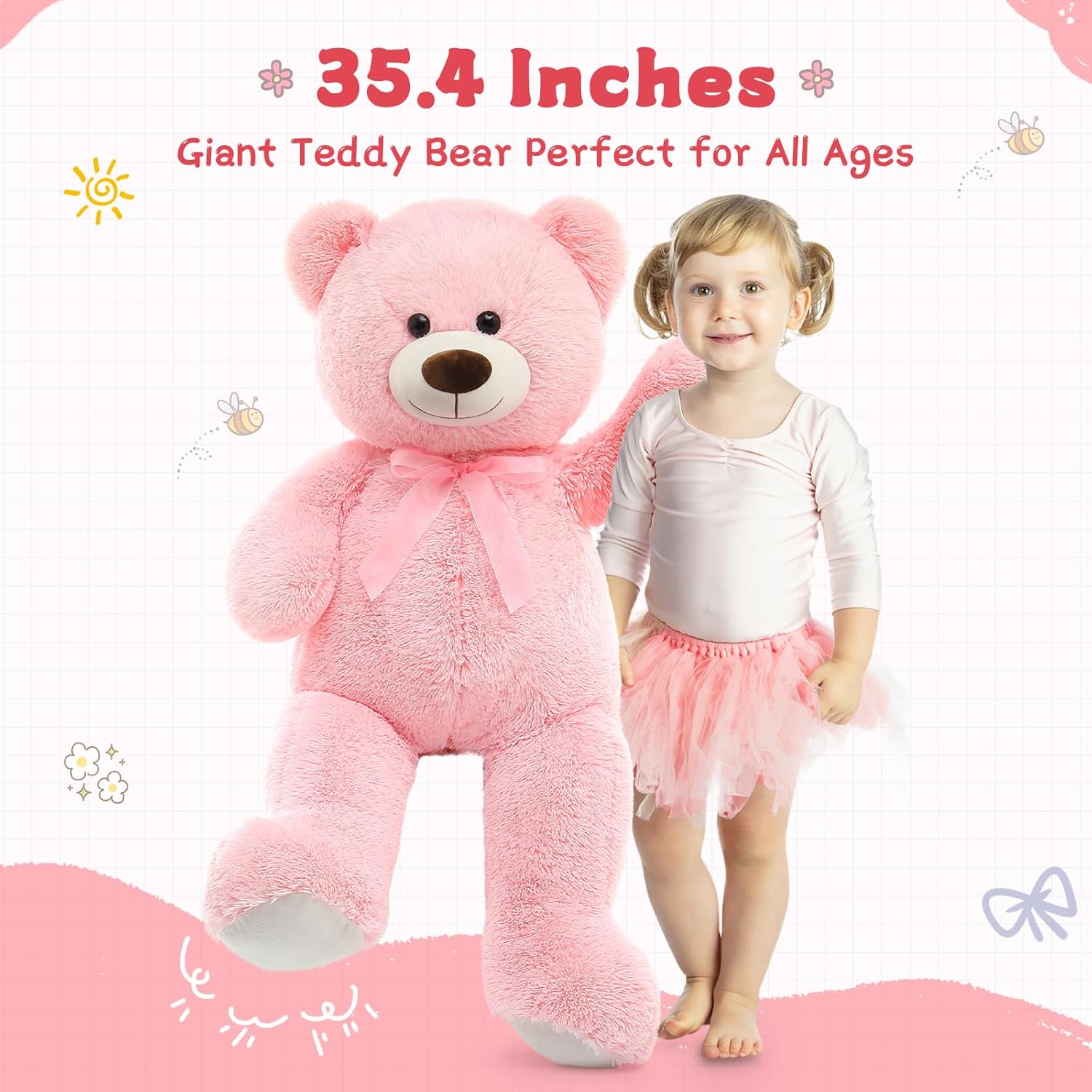 Giant Teddy Bear Stuffed Animal, 35.4 Inch Large Pink Plush Toy for Kids G743524