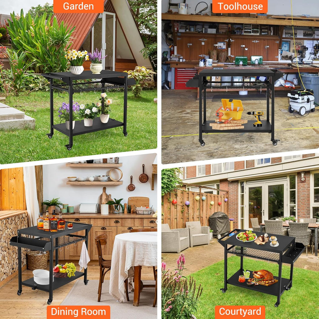 Outdoor Grill Cart with Wheels, Pizza Oven Stand Table, Black R98167